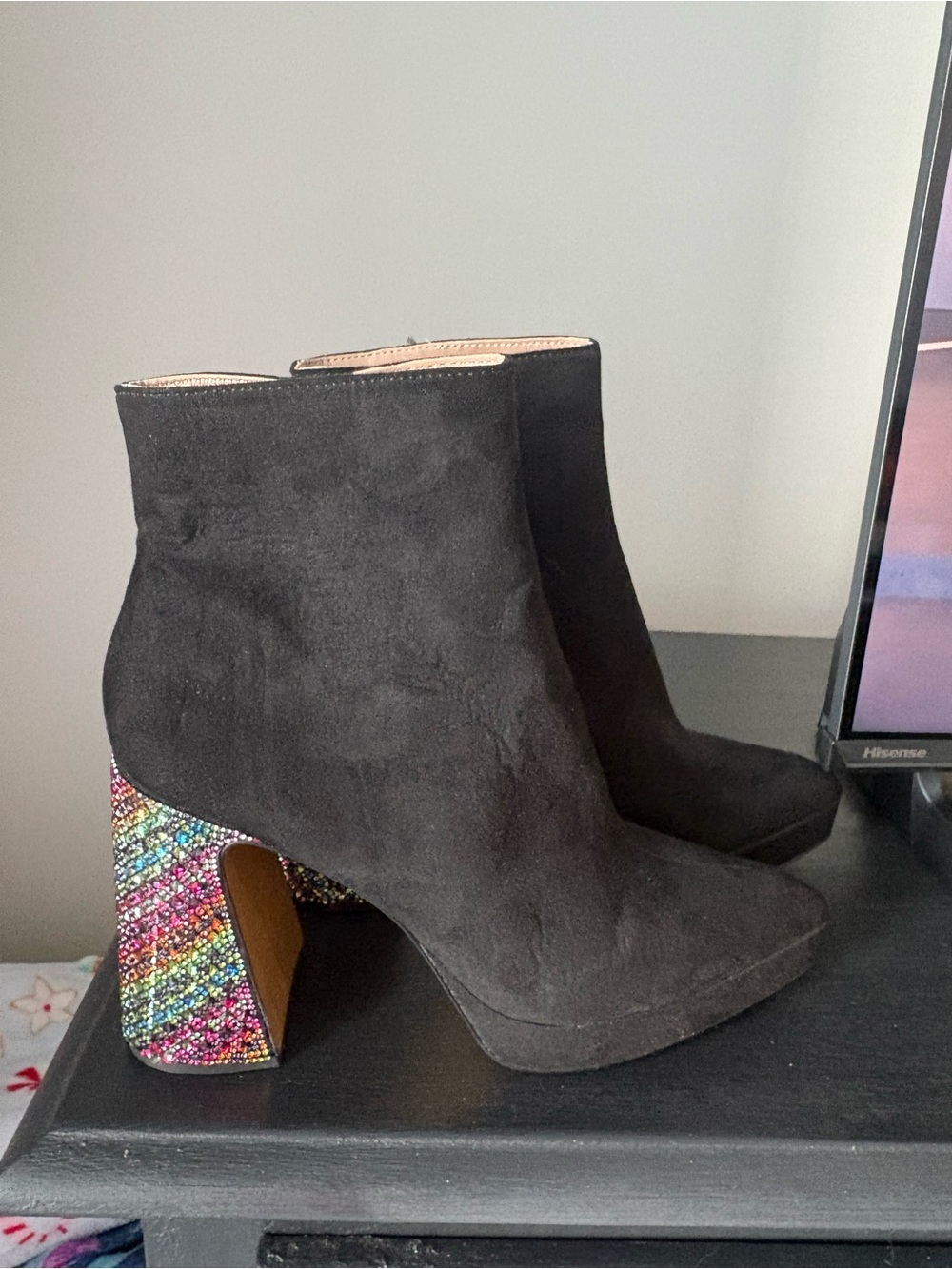 Betsey Johnson Black Suede Ankle Boots with Multicolor Crystal Heel